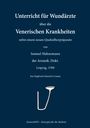 Ein Titel über Wundärzte und Krankheiten von Hahnemann, Leipzig 1789. Unten: Ein Instrument vor dunkelblauem Hintergrund.