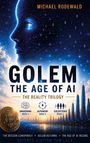„Golem: The Age of AI“ von Michael Rodewald, beschreibt eine Sci-Fi-Trilogie. Silhouette eines digitalen Gesichts.