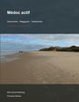 „Médoc actif. Ankommen · Begegnen · Teilnehmen.“ Strand mit Fußspuren, Küstenlinie rechts, bewölkter Himmel.