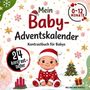 „Mein Baby-Adventskalender, Kontrastbuch für Babys, 0-12 Monate, 24 Kontrastbilder.“ Illustration mit Baby in Weihnachtskleidung.