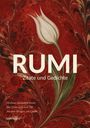 "RUMI Zitate und Gedichte" steht auf einer roten Marmormuster-Hintergrund mit weißer Tulpe. Autor: Salih Daglar.