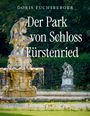 "Doris Fuchsberger: Der Park von Schloss Fürstenried." Brunnen mit Statue, dahinter grüne Hecke und kleinere Skulptur.