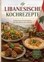 „LIBANESISCHE KOCHREZEPTE“ steht in großen Buchstaben. Es zeigt traditionelle libanesische Gerichte und eine Flagge.