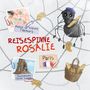 „Reisespinne Rosalie“ in roten Buchstaben. Illustrative Spinne mit Baskenmütze, Baguette und Croissants vor Spinnennetz.