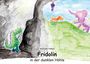 Text: "Alexandra Höffgen - Fridolin in der dunklen Höhle." Illustration mit Tieren, Drachen, Elefant und Fledermaus.