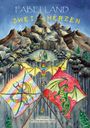 „FABELLAND ZWEI HERZEN“, zwei bunte Flaggen mit Drachen vor einer Berglandschaft. Unten: „Thyraneaux mit Flynn und Enya Berger“.