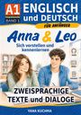 A1-Englisch und Deutsch, für Anfänger: Anna & Leo. Sich vorstellen und kennenlernen. Zwei junge Personen am Tisch.