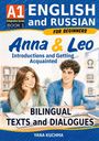 A1 ENGLISH and RUSSIAN for Beginners. Anna & Leo. Bilingual Texts and Dialogues. Illustration: Zwei Personen am Tisch.