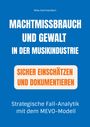 Titel: Machtmissbrauch und Gewalt in der Musikindustrie. Text: Sicher einschätzen und dokumentieren. Blauer Hintergrund.