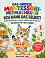 „Das große Montessori-Mitmachbuch: Ich kann das selbst!“ Ein fröhlicher Luchs hält ein Tablett, umgeben von bunten Blöcken.