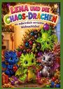 "LENA UND DIE CHAOS-DRACHEN, ein außerirdisch verrücktes Weihnachtsfest." Niedliche Drachen spielen unter einem geschmückten Baum.