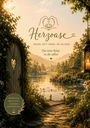 "Herzoase. Deine Zeit-Insel im Alltag. Die erste Reise zu dir selbst. Inspiration, Kreativität, Schreiben, Entspannung." Ein ruhiger See.