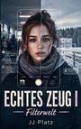 "Echtes Zeug | Filterwelt, JJ Platz." Eine junge Frau, geteilt in einen klaren und einen verschwommenen Bereich, umgeben von Social Media-Elementen.