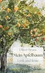 Texte: "Oliver Bruns", "Mein Apfelbaum", "Lyrik und Texte". Aquarell eines blühenden Apfelbaums mit grünem Laub.