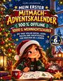 „Mein erster Mitmach-Adventskalender“, Illustration eines Mädchens beim Rätseln, Weihnachtsbaum, Katze, Geschenke.
