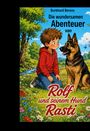 Kinderbuchcover mit Junge und Schäferhund auf blühender Wiese, blauer Himmel, bunte Blumen.
