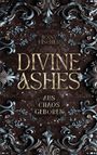 "Jenny Fischer, Divine Ashes, Aus Chaos geboren." Verzierungen im Barockstil in Silber und Blau, florale Muster.