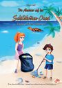 Titel: „Die Abenteuer auf der Schildkröten-Insel“. Emma und Ben säubern Strand; tropische Kulisse mit Palmen und Meer.