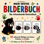 Titel: "MEIN ERSTES BILDERBUCH". Illustration: Ein niedlicher Bär, Bienenfolgen, bunte Sterne und Handabdrücke.