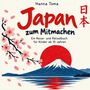 „Japan zum Mitmachen“, ein Reise- und Rätselbuch für Kinder ab 10 Jahren. Illustrationen: Kirschblüten, Berg, rote Sonne.