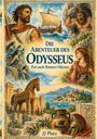 "Die Abenteuer des Odysseus" steht im Zentrum. Illustration: Odysseus, Sirenen, Schiff, Zyklop, Trojanisches Pferd, antike Szenerie.