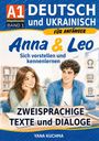 A1 Deutsch und Ukrainisch für Anfänger: Anna & Leo. Zweisprache Texte und Dialoge. Illustration von zwei Personen in einem Klassenzimmer.
