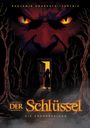 „Der Schlüssel: Die Prophezeiung“. Silhouette einer Person öffnet eine Tür im Wald. Bedrohliche rote Augen im Hintergrund.