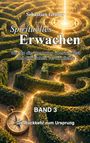 Text: Spirituelles Erwachen. Bild: Ein Labyrinth aus grünen Hecken mit Lichtströmen und einem Kompass.