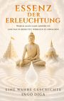 „ESSENZ DER ERLEUCHTUNG“. Buddha-Statue im Lotussitz, zwischen Tempeln und Wolken, davor eine Wasseroberfläche mit Tropfen.