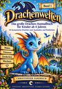 Band 1. Drachenwelten. Großes Drachen-Ausmalbuch für Kinder ab 4 Jahren. Blauer Drache vor Schlosskulisse.