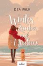"DEA WILK Winterzauber auf Usedom" in geschwungener Schrift, Frau mit rotem Schal am Strand mit Hund und Schneeflocken.
