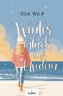 "DEA WiLK. Winter Glück auf Usedom. Eine Illustration zeigt eine Person in Winterkleidung am Strand, Hintergrund: Himmel."