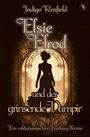 "Elsie Elrod und der grinsende Vampir", ein viktorianischer Fantasy-Krimi. Silhouette einer Frau vor einem verzierten Fenster.