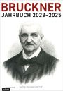 BRUCKNER JAHRBUCH 2023-2025, Universitätsverlag. Illustration von Anton Bruckner in Anzug mit Fliege.