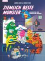 "Ziemlich beste Monster: Geschichten zum Grinsen und Gruseln". Illustration mit bunten Monstern in einer Küche.