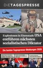 Explosionsgeräusche, Helikopter über Gebäude, Mann mit Flasche und Kopfhörern. Texte über Politik und Humor.