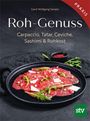 Oben steht "Roh-Genuss", darunter "Carpaccio, Tatar, Ceviche, Sashimi & Rohkost". Ein schwarzer Teller mit Carpaccio.