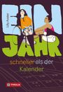 Text: “Lilly Axster. Ein Jahr schneller als der Kalender.” Zwei Frauen in illustrativer Darstellung, im Hintergrund ein Kalender.