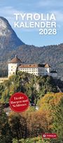 "TYROLIA KALENDER 2028. Tiroler Burgen und Schlösser." Eine Burg auf einem Hügel, umgeben von Herbstwald. Logo unten.