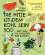 Titel: "Die Hitze ist dem Kohl sein Tod". Illustration mit Melone, Gemüse, Tonne, und Frau mit Regenschirm.