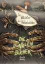 "Die Wächter des Nebelwaldes" und "Die dunklen Bücher." Illustration mit Blättern, Zweigen und einem Pilz.