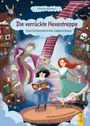 "Drei Schwestern im Zauberchaos". Drei Hexen auf einer fliegenden Treppe, umgeben von Regalen mit Zaubertränken und Büchern.