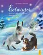 „Eselwinter: Eselchen Mimi freut sich über den Winter.“ Illustration mit Esel, Hund im Schnee, Schneemann und Tannen.