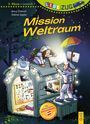 „Mission Weltraum“, bunte Zeichnung: zwei Kinder in Astronautenanzügen auf einem beleuchteten Häuschen im Freien.