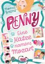 "Thomas Brezina: Penny. Eine Katze namens Mozart. G&G Verlag." Illustration mit Mädchen, Katze und Fotos. Bunte Elemente.