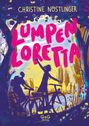 Text: "Christine Nöstlinger", "Lumpenloretta", "G & G Verlag".  
Illustration: Kinder auf Fahrrädern unter buntem Himmel.