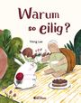 "Warum so eilig?" von Yiting Lee. Eine Schildkröte und ein Hase sitzen auf einer Decke mit Kuchen und Tee im Freien.