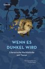 "Wenn es dunkel wird. Literarische Nachtstücke mit Tieren. Herausgegeben von Florian Huber." Illustration: Igel in Blättern.
