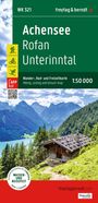 Titel: "Achensee Rofan Unterinntal". Wander-, Rad- und Freizeitkarte 1:50.000. QR-Code und Piktogramme für Wandern, Radfahren. Berglandschaft mit See und Hütte.