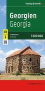 "Georgien Georgia", "Straßenkarte Road map", "1:300 000". Ein kleines, altes Steingebäude mit rotem Ziegeldach im Freien.